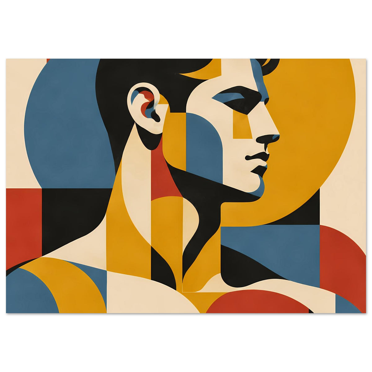 Bauhaus-inspiriertes Portraitposter im Querformat mit geometrischem Frauenprofil in kräftigen Farben