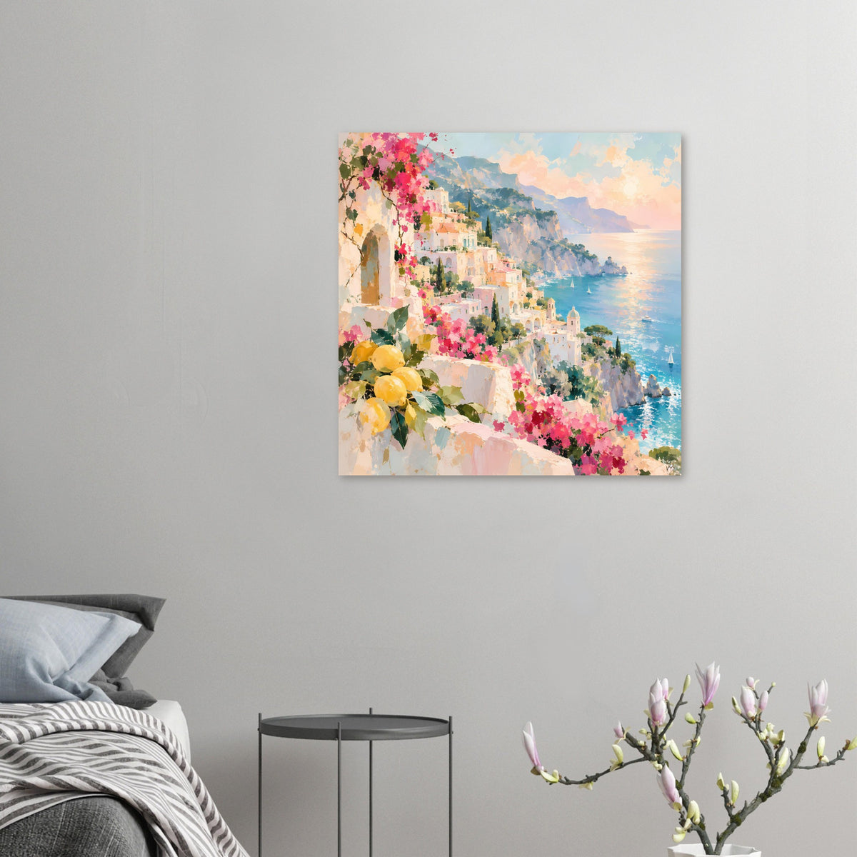 Kleines Mediterranes Küstenstadt-Poster, pinke Blumen, Zitronen und blaues Meer