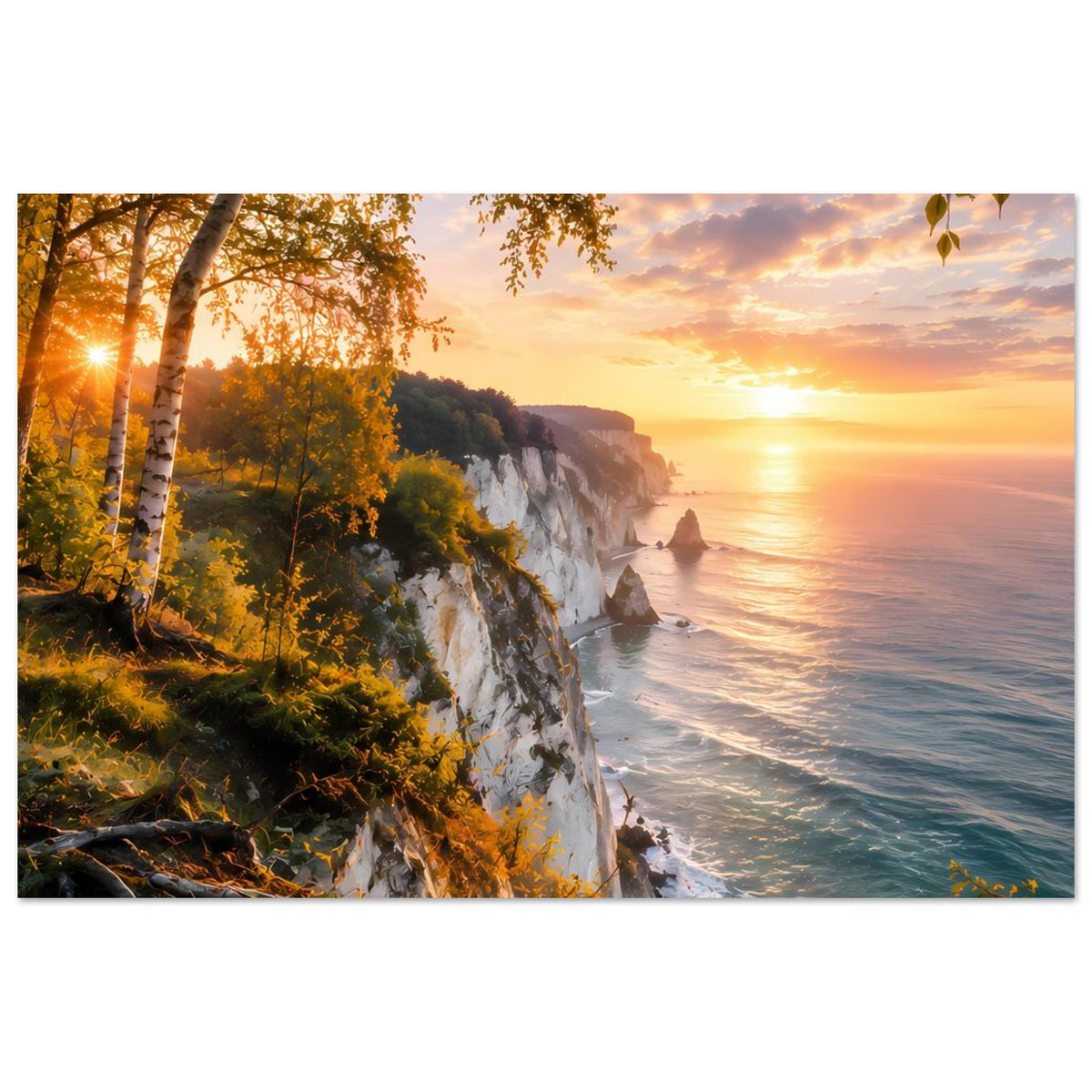 Horizontales Poster: Sonnenuntergang an der Küste mit Klippen und Brandung