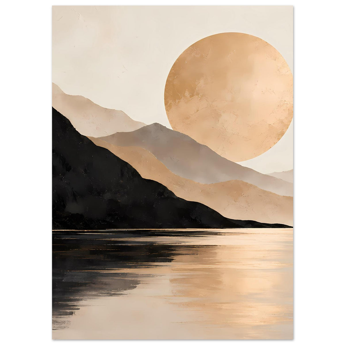 Poster mit dunklem Berg im Vordergrund, See und goldener Sonnenscheibe im Kreis.
