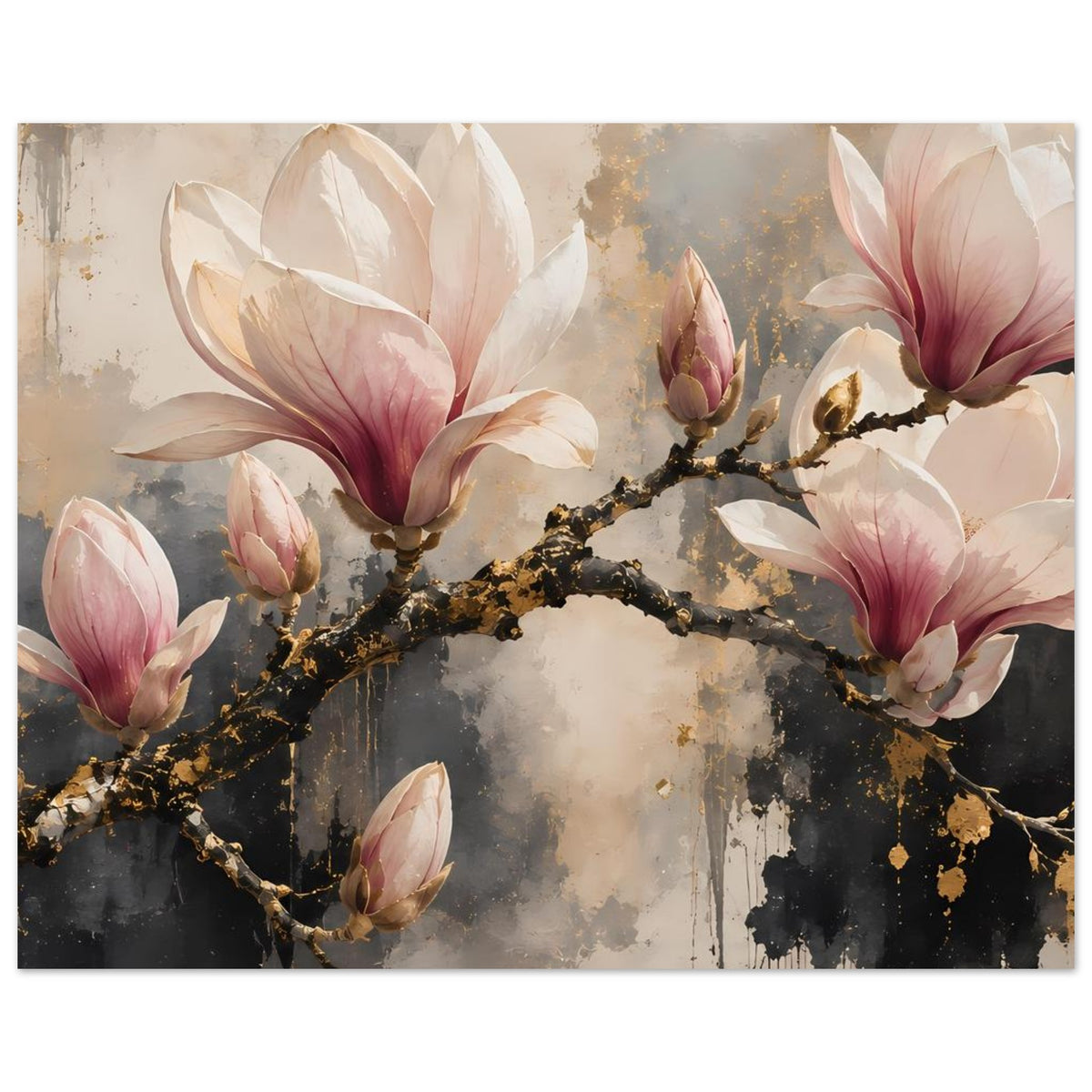 Magnolienblüten-Poster in Panoramaansicht mit goldakzentuiertem Ast und Blüten in Rosa