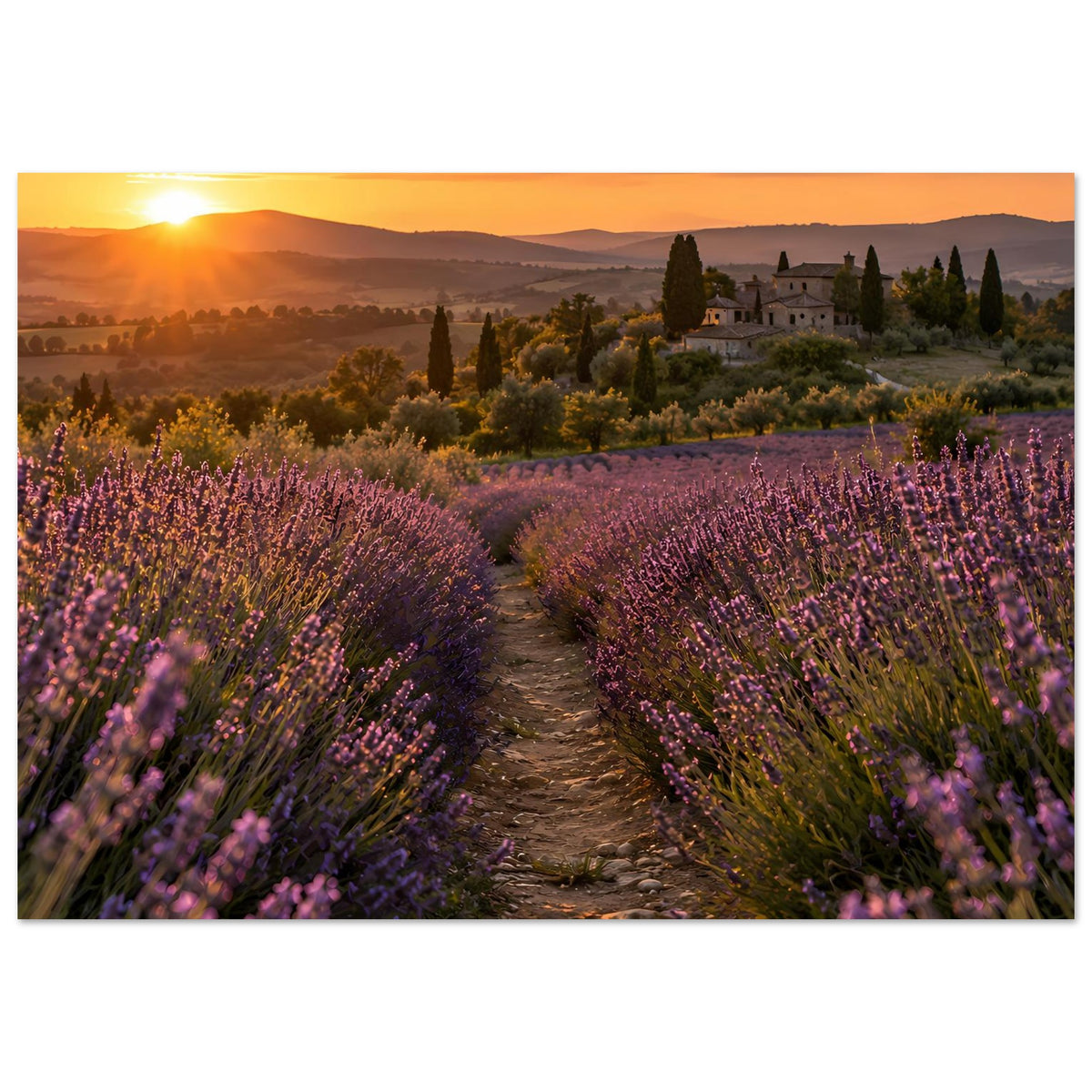 Lavendel-Landschafts-Poster im Querformat, Lavendelreihen, Sonnenuntergang und Schloss
