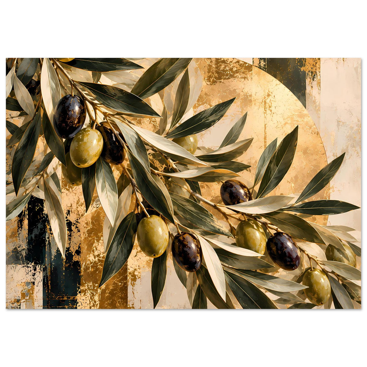 Botanisches Kunstposter mit Olivenzweigen, goldbraunem Hintergrund und grünen, dunklen Oliven