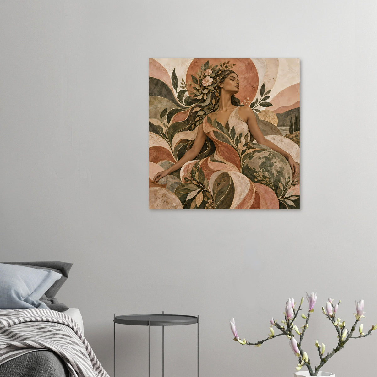 Kleines Kunst-Poster mit Frau im floralen Blattmuster in warmen Erdtönen