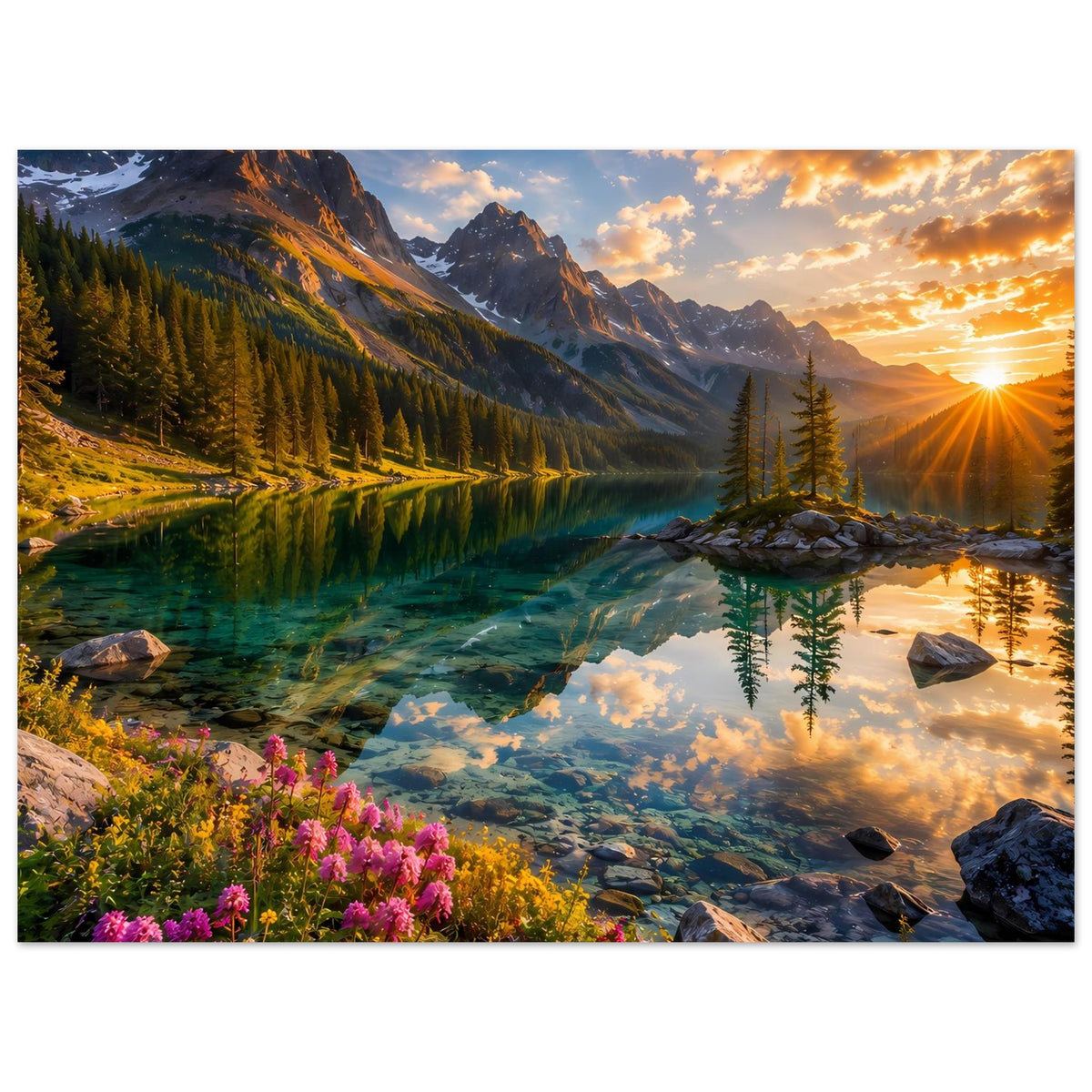 Querformat-Poster: Berglandschaft mit Sonnenaufgang, türkisgrünem See, Bauminsel und Blüten