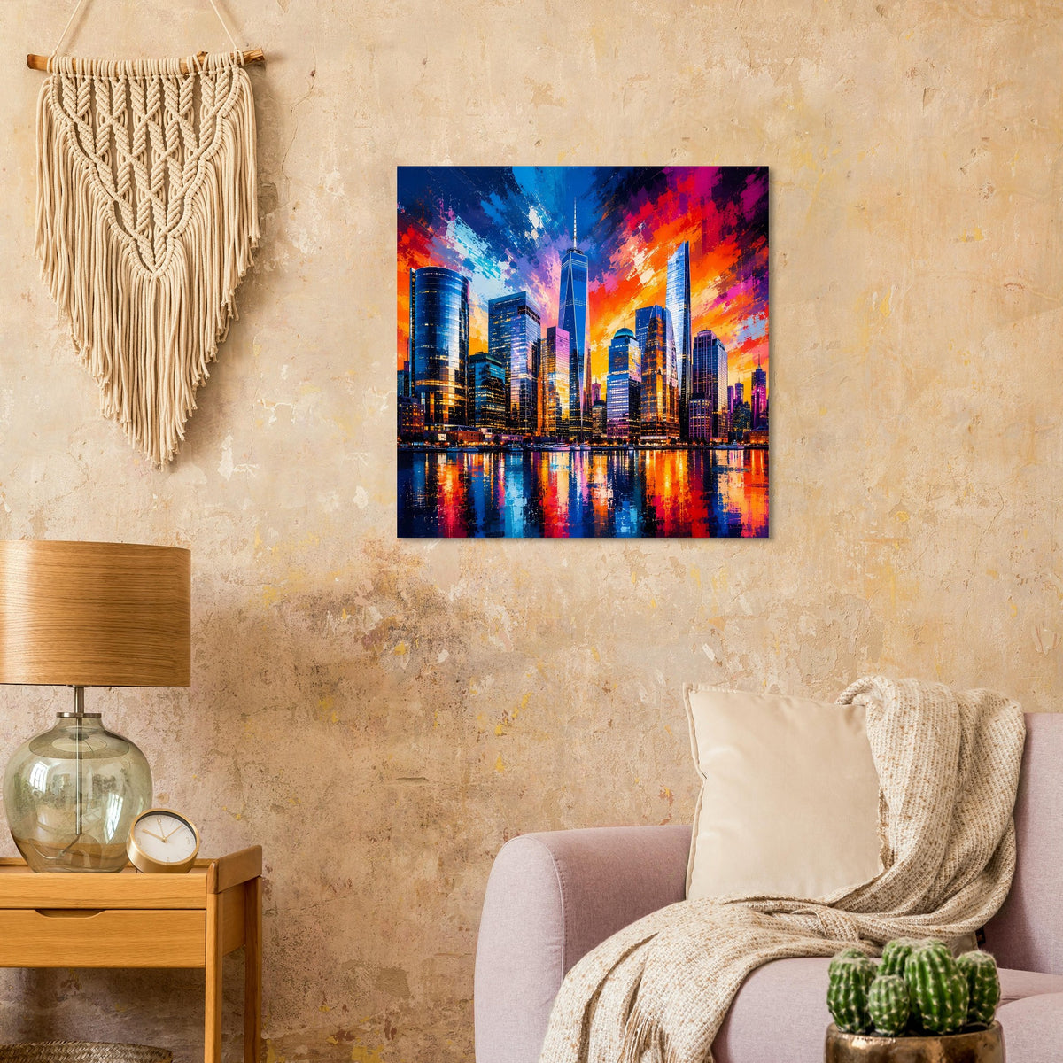 Poster mit farbenfroher Skyline bei Sonnenuntergang, mit Spiegelung im Wasser, quadratisch.