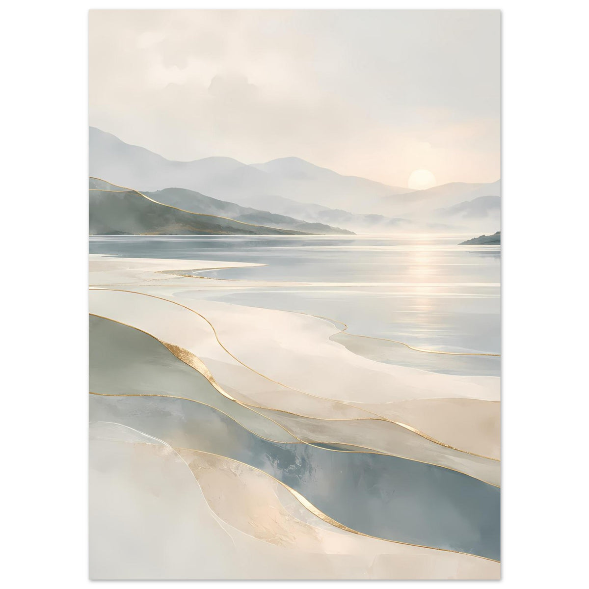 Poster mit Küstenlandschaft und Wasserreflexen in Beige und Grau, goldfarbene Konturen
