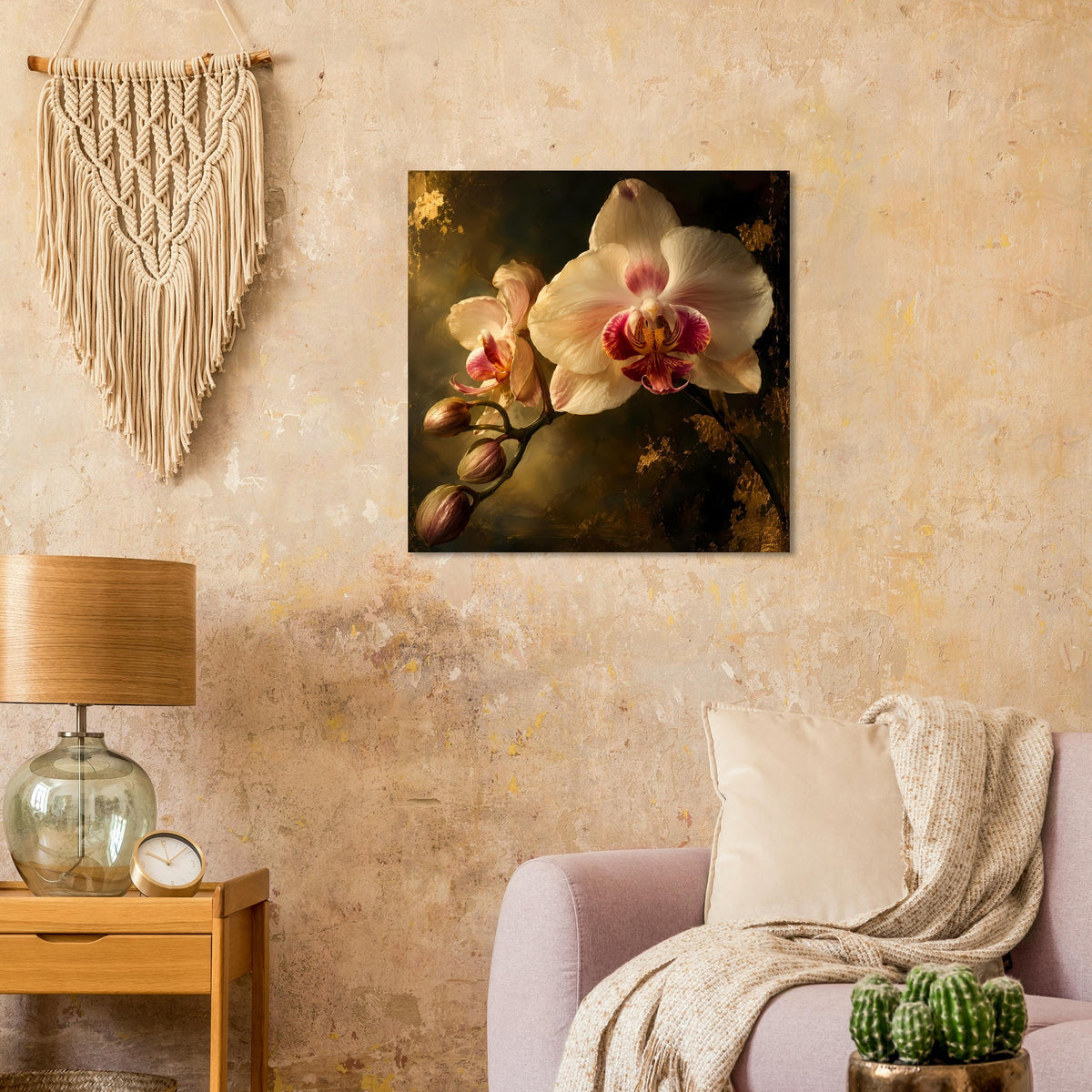 Orchideenposter im Rahmen mit goldenen Sprenkeln und cremefarbener Blüte
