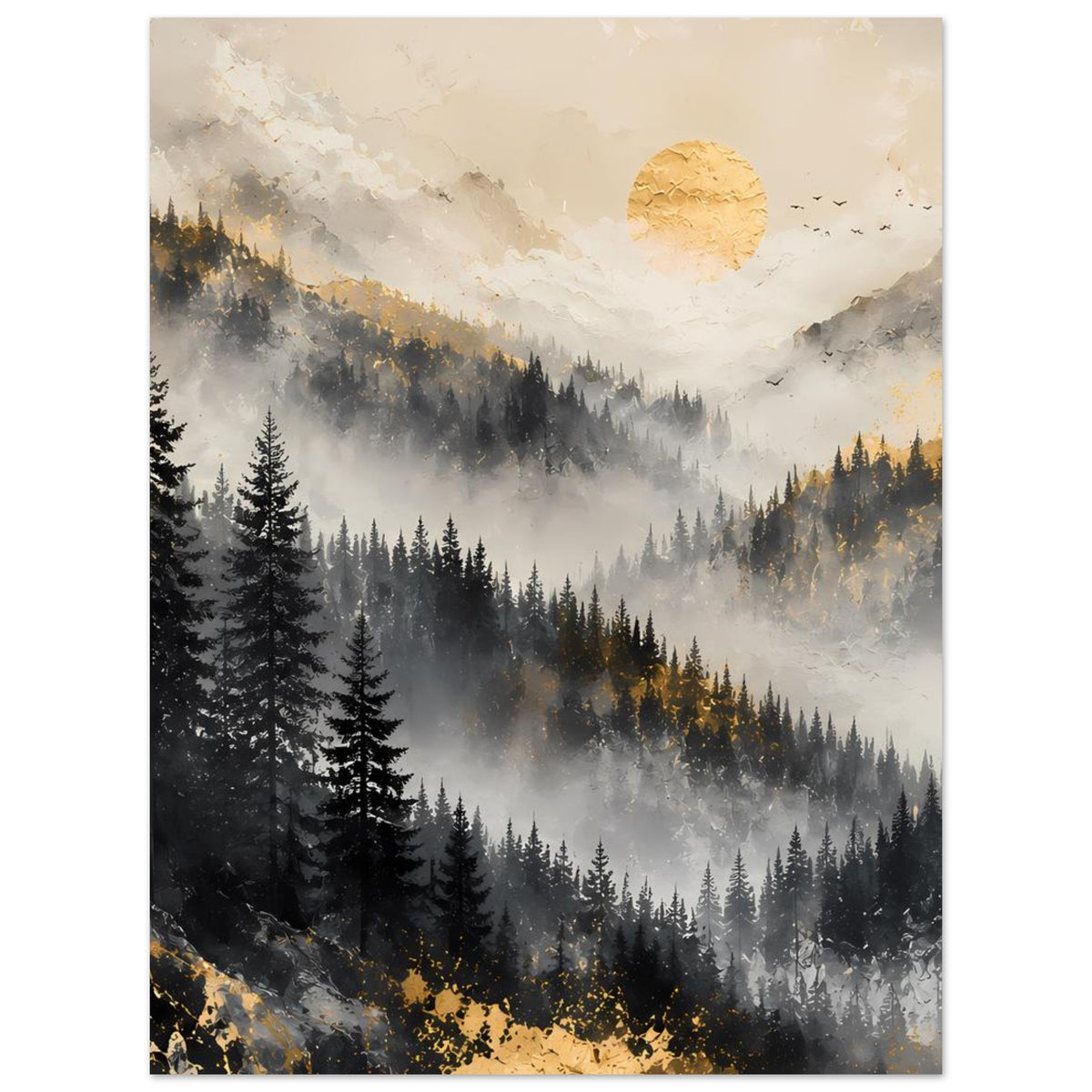 Poster mit nebliger Berglandschaft, Tannenwald und goldenem Sonnenkreis