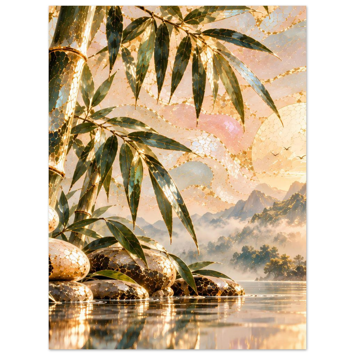 Zen-Poster mit goldenen Bambusblättern, Wasserlauf, glatten Steinen und ruhiger Landschaft