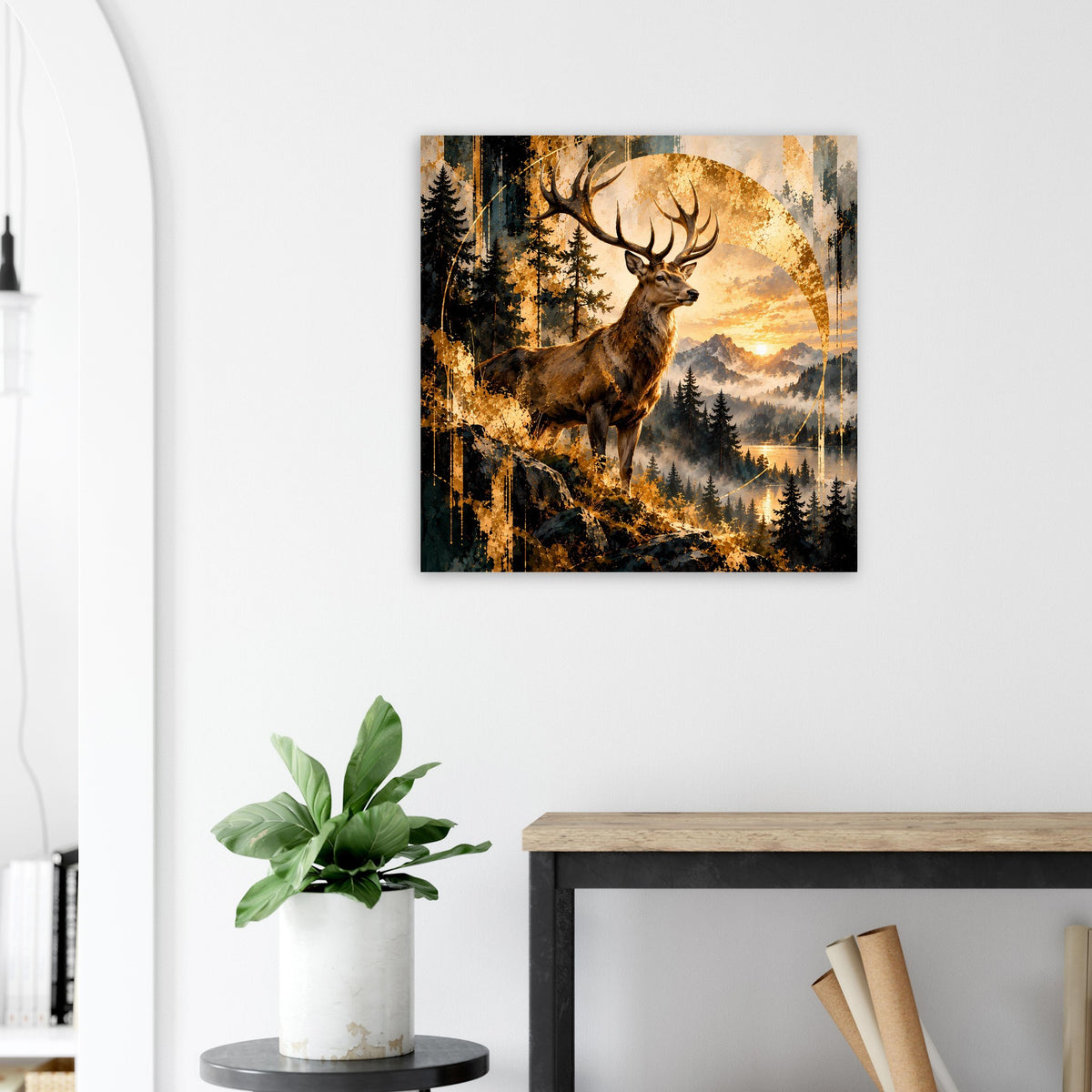 Poster mit Hirsch im Wald vor orange-gelbem Sonnenuntergang, klare Details