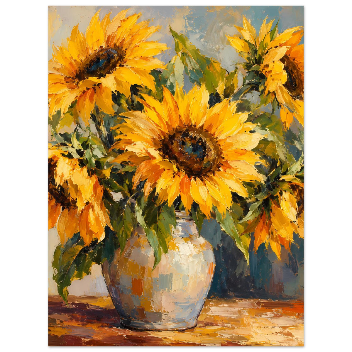 Sonnenblumen Poster: große gelbe Blüten mit braunem Zentrum in Keramikvase