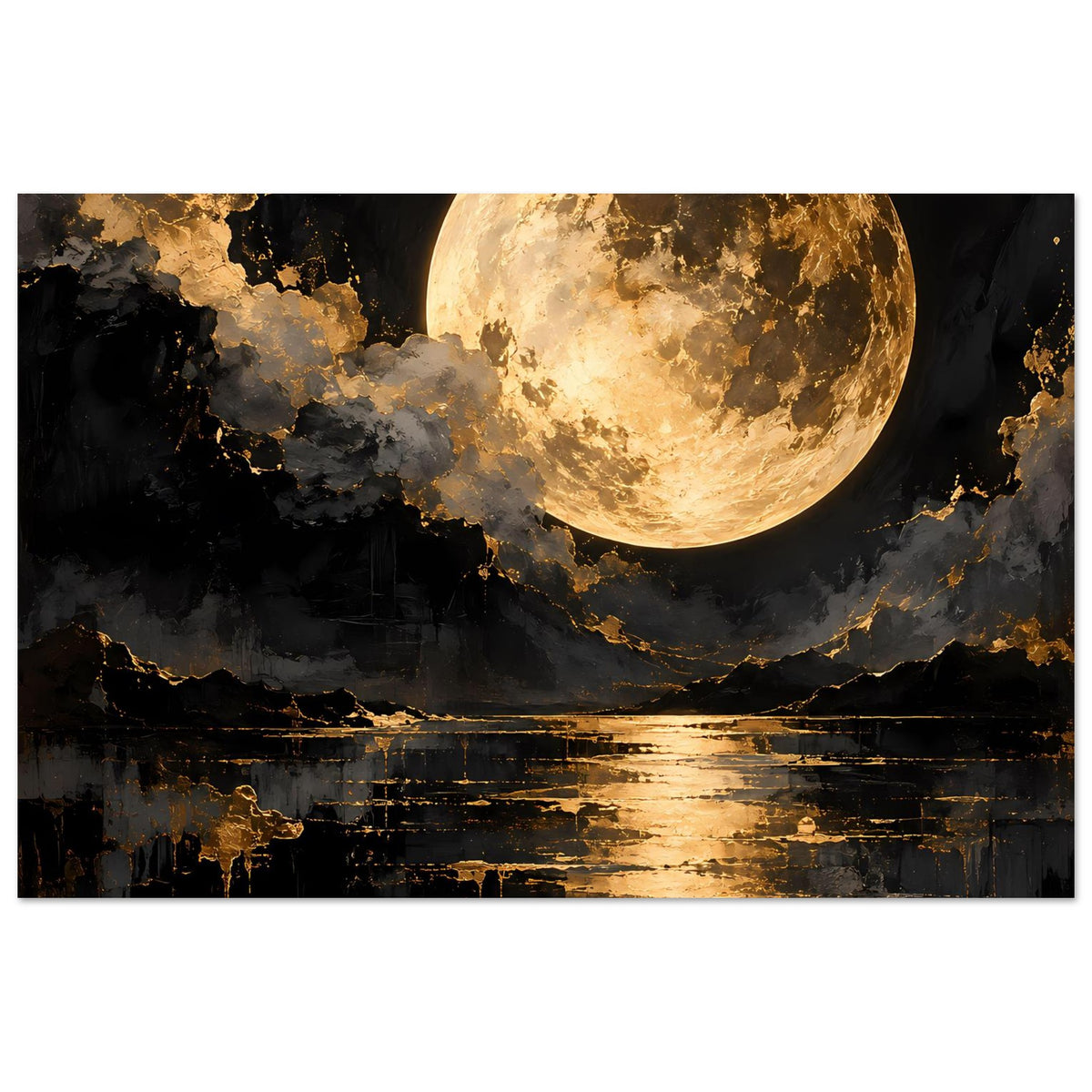 Querformat-Poster mit goldem Mond, grauschwarzer Wolkenlandschaft und goldenen Linien im Wasser