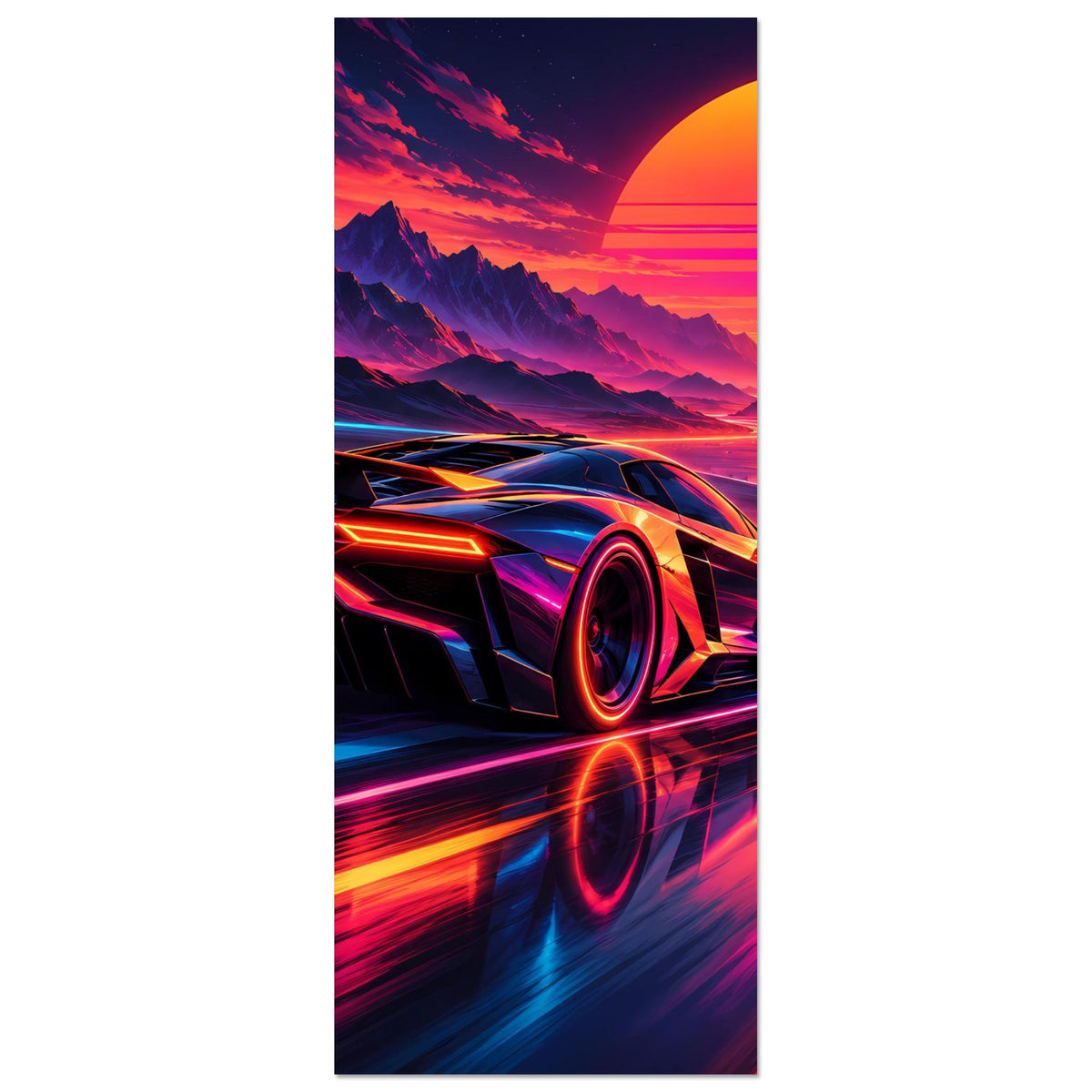 Neon-Sportwagen-Poster im Hochformat, enge Ansicht von Front, Scheinwerfern und Reifen