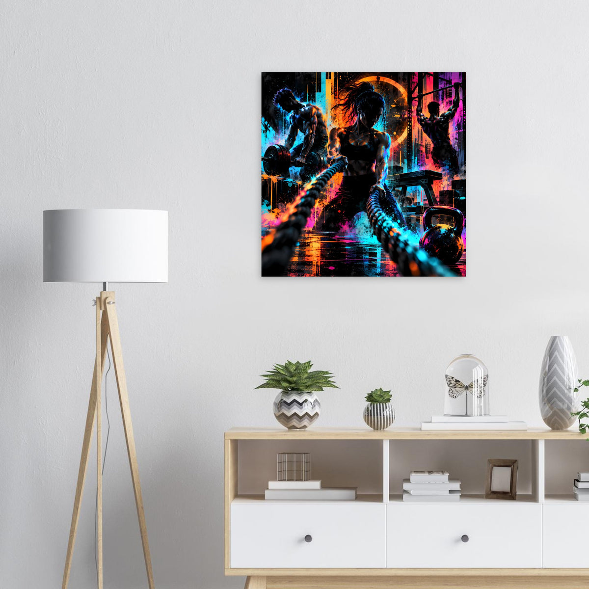 Quadratisches Neon-Fitness-Poster: Sport-Silhouette beim Laufen, Blau-, Orange- und Pinktöne