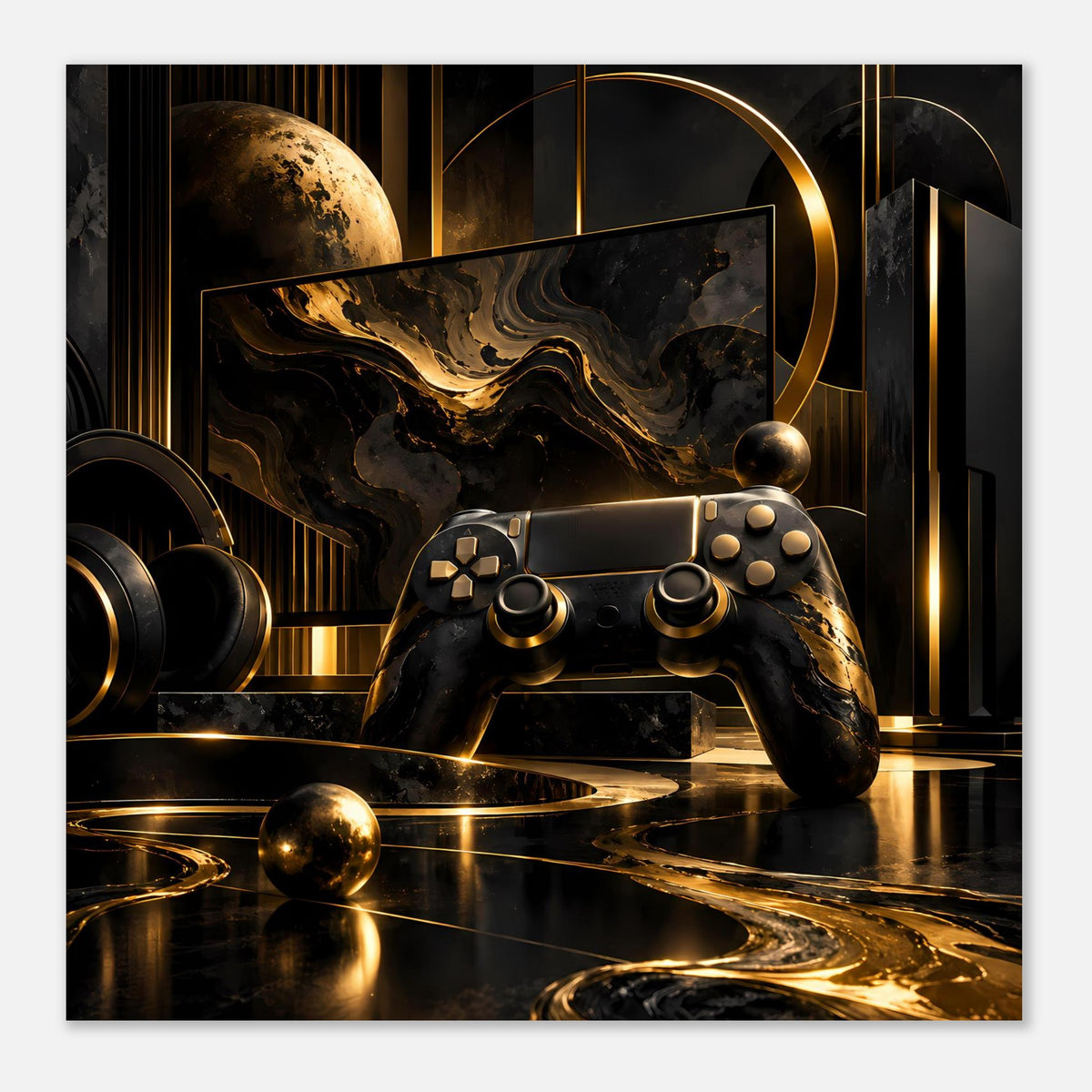 Gaming-Poster mit Gamecontroller in Schwarz-Gold, Planetenball und goldenen Kugeln