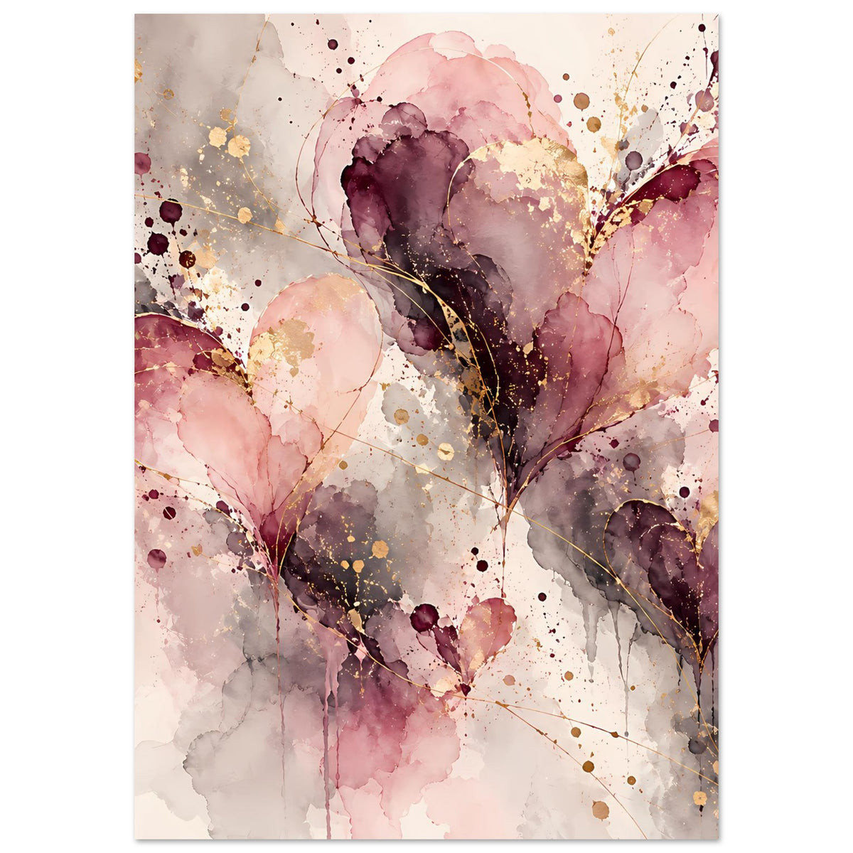 Abstrakter Herz-Kunstdruck mit Rosa-, Violett- und Goldakzenten