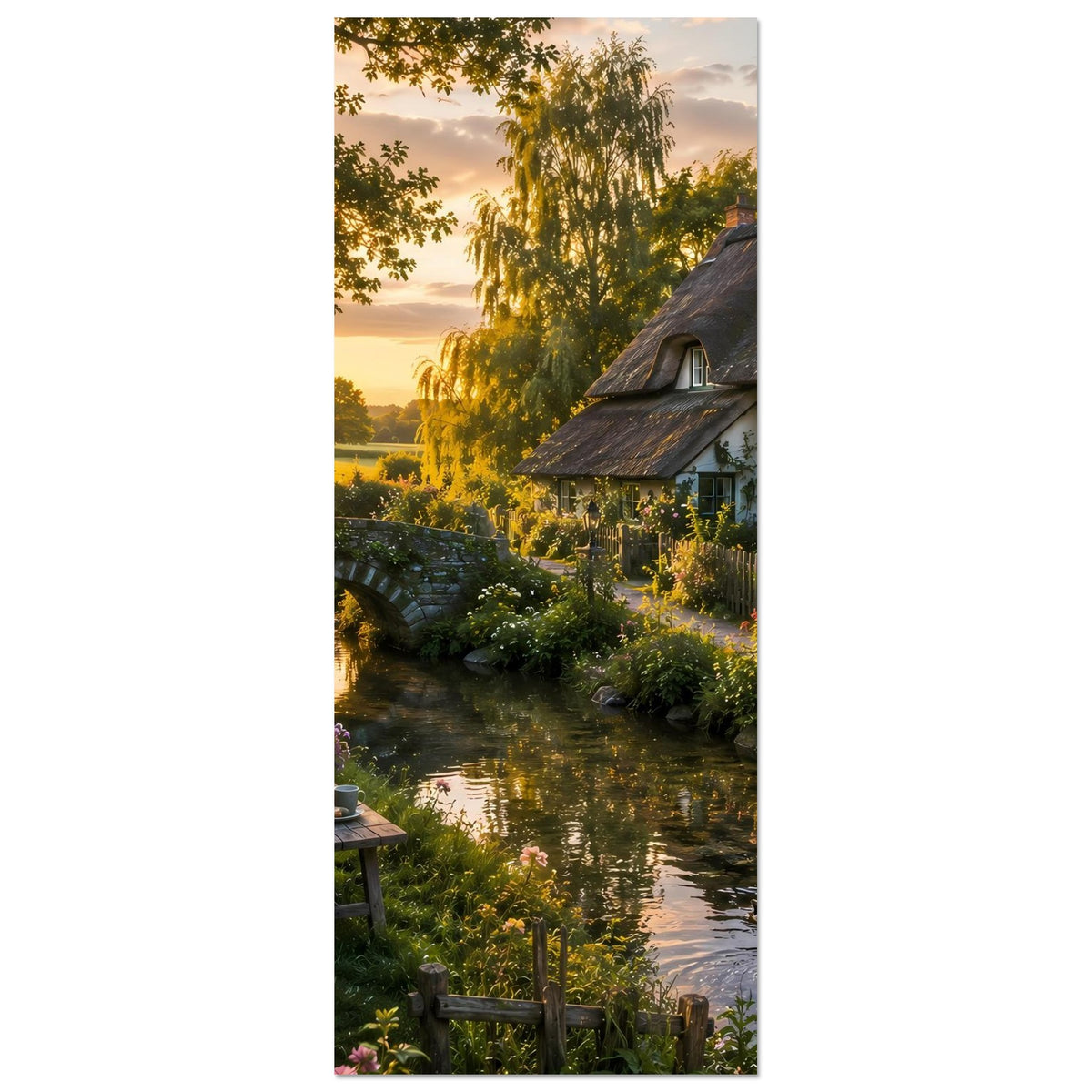 Poster mit Bachlauf, Steinbogenbrücke und Landhaus mit Reetdach, umrahmt von Blumen