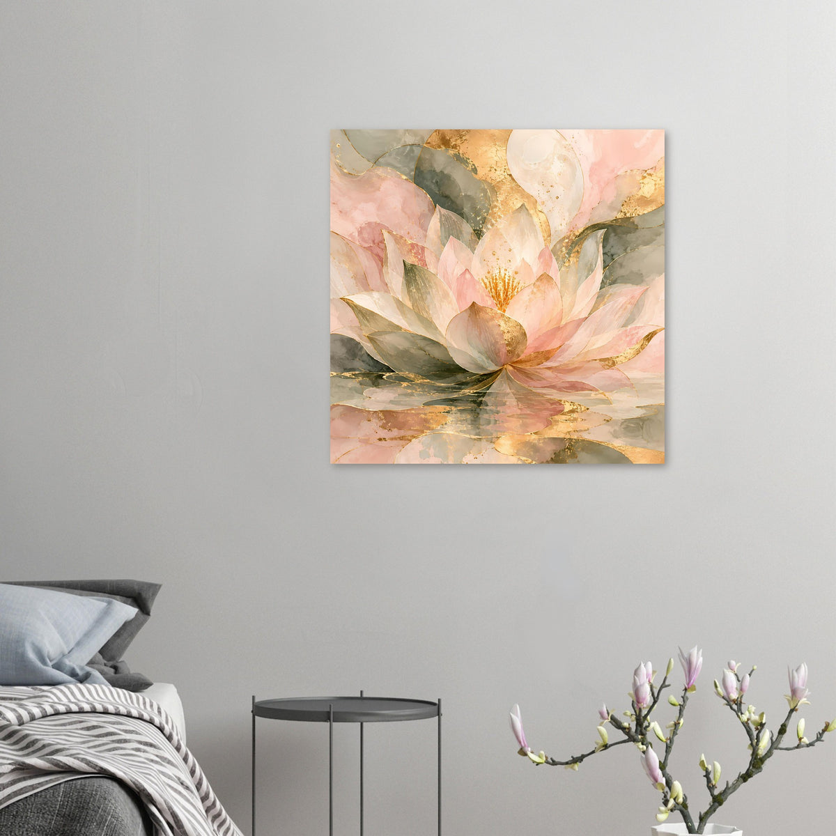 Lotusblüten-Poster in Rosé, Gold und Grün, quadratisch