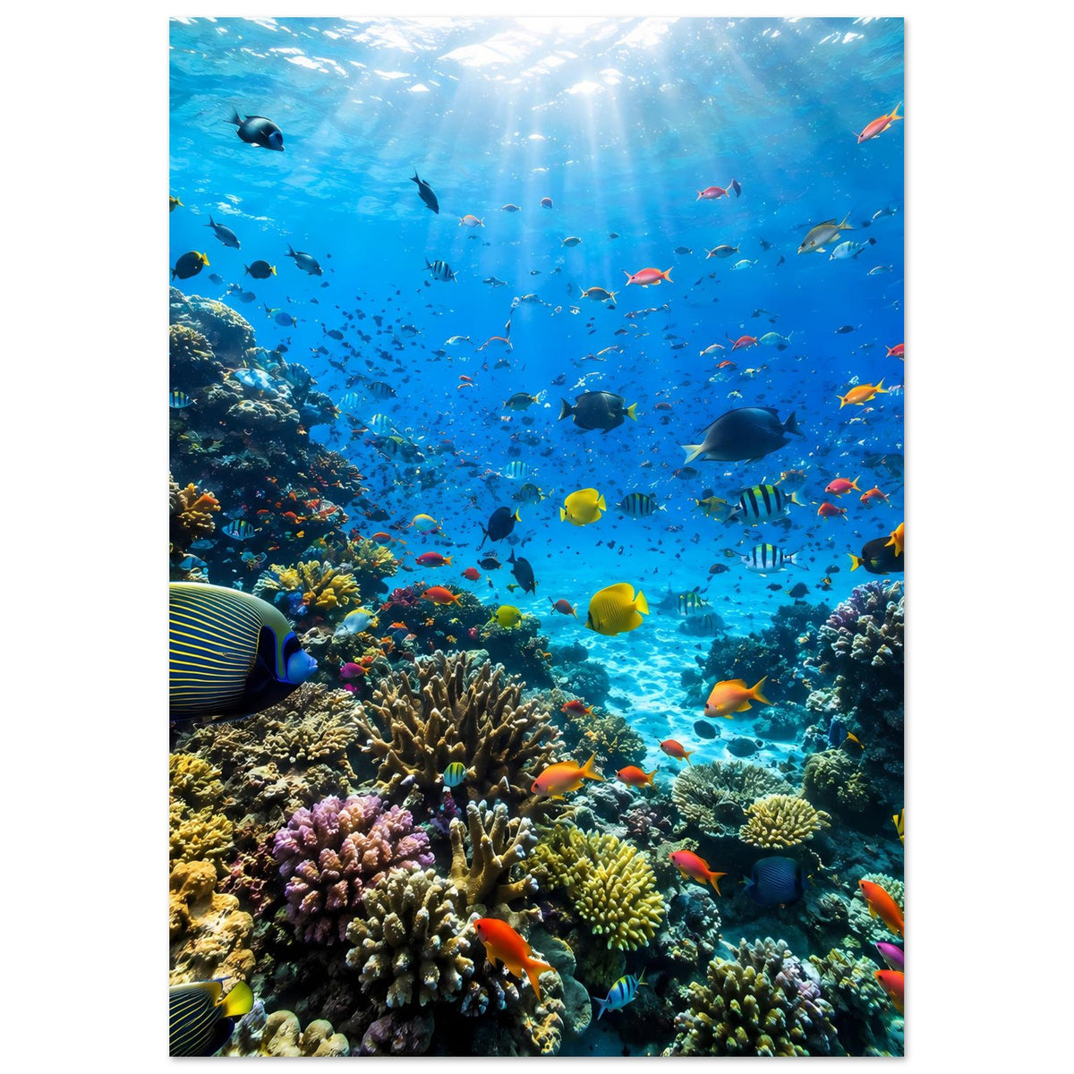 Vertikales Unterwasser-Poster: Korallenriff, Licht von oben und viele tropische Fische