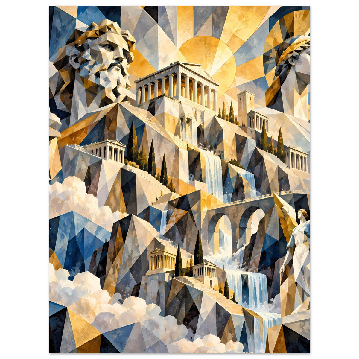 Poster im Polygonstil: Parthenon, Lorbeerbäume und Statue, goldene Sonne über blauen Strukturen