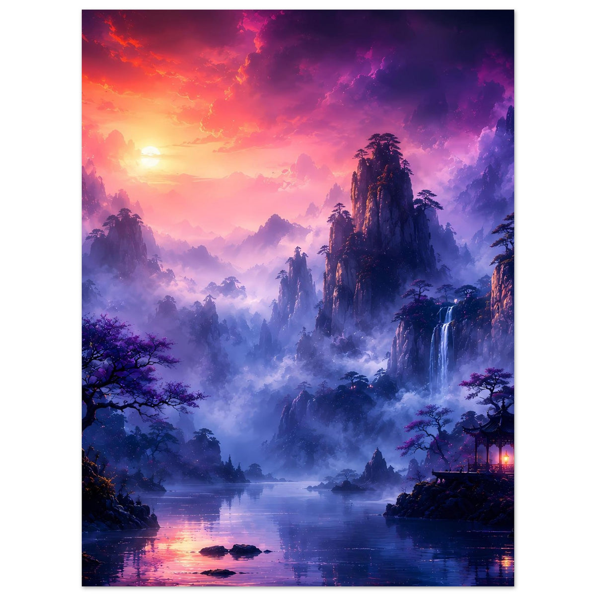 Fantasy-Poster mit Nebelbergen, Wasserfall und leuchtendem Himmel in Lila und Orange