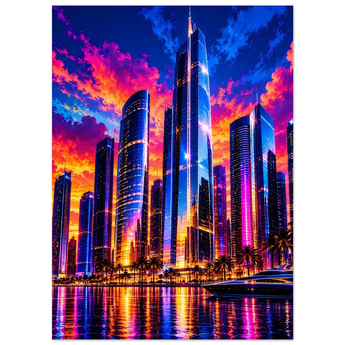 Stadtposter: leuchtende Großstadt-Skyline bei Sonnenuntergang, vorne Uferpromenade