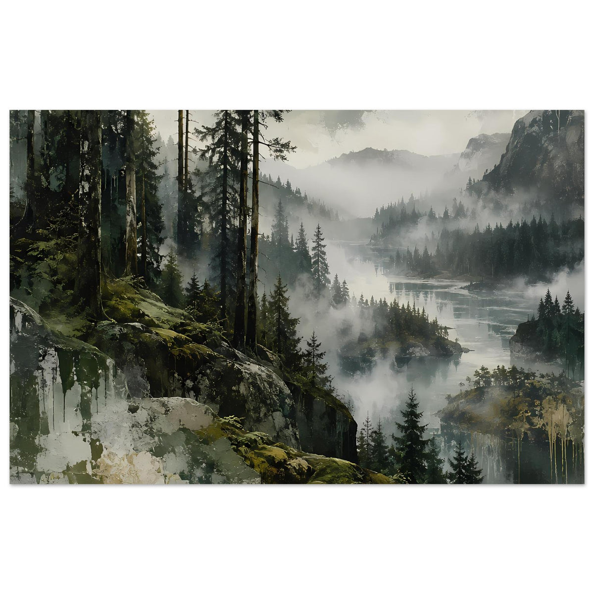 Querformat-Poster: neblige Waldlandschaft mit Fluss und Bergen, matte Papieroberfläche