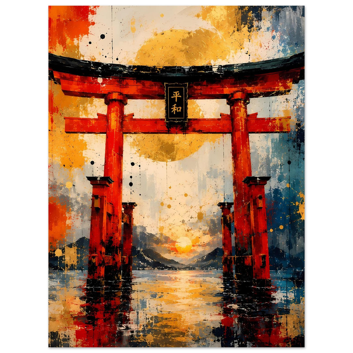 Torii-Tor Poster im Hochformat: rote Torpfosten mit schwarzer Querbalken, orange-gelber Farbverlauf
