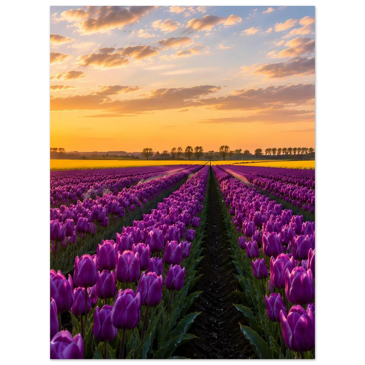 Poster mit Tulpenfeldern in Violett und dunklem Weg, umgeben von goldenem Abendhimmel