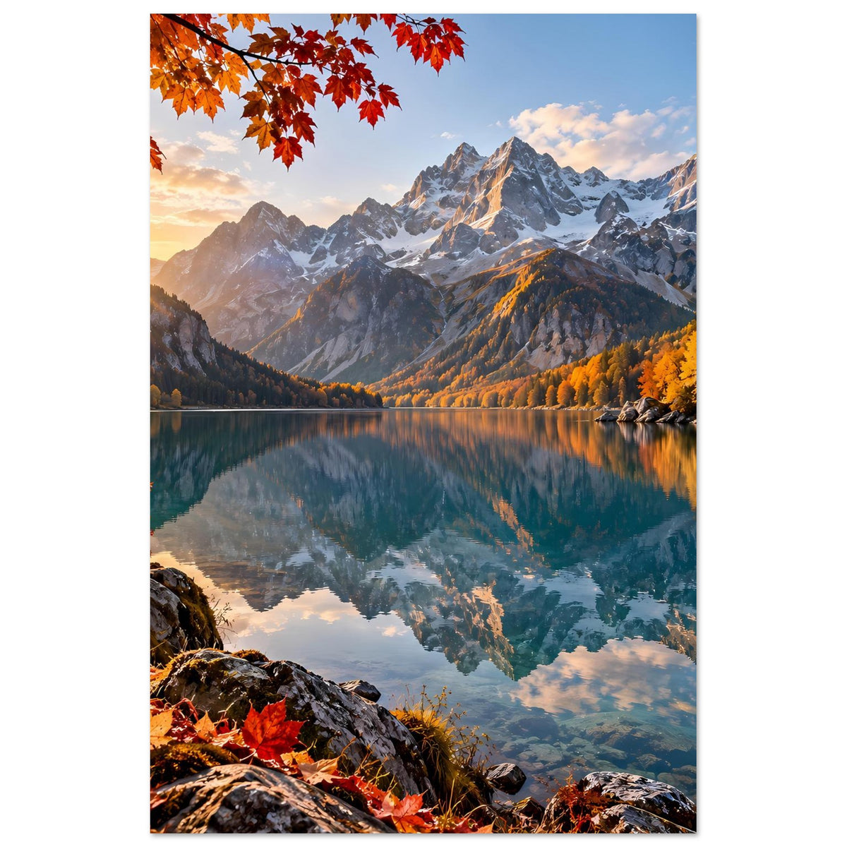Vertikales Landschaftsposter mit Alpengebirge, spiegelndem See und roten Herbstblättern