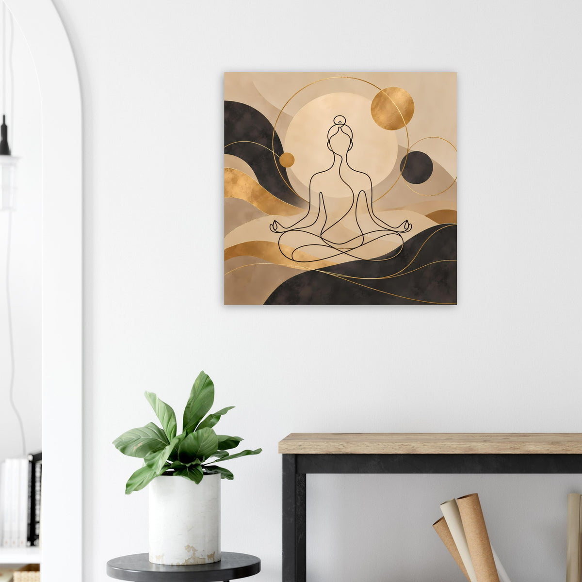 Goldener Kunstdruck mit Meditationsfigur, eleganten Linien und runden Gold-Elementen