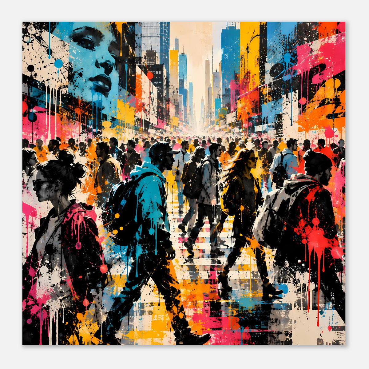 Street-Art-Poster im Querformat: überlebensgroße Silhouetten, bunte Skyline, Sprühfarbe und Linien