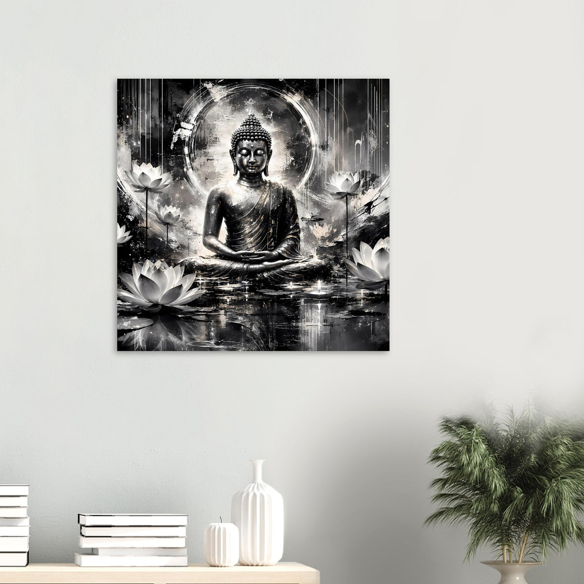 Kunstposter mit Buddha im Meditationssitz, schwarz-weiß mit kreisförmiger Aura und Lotus