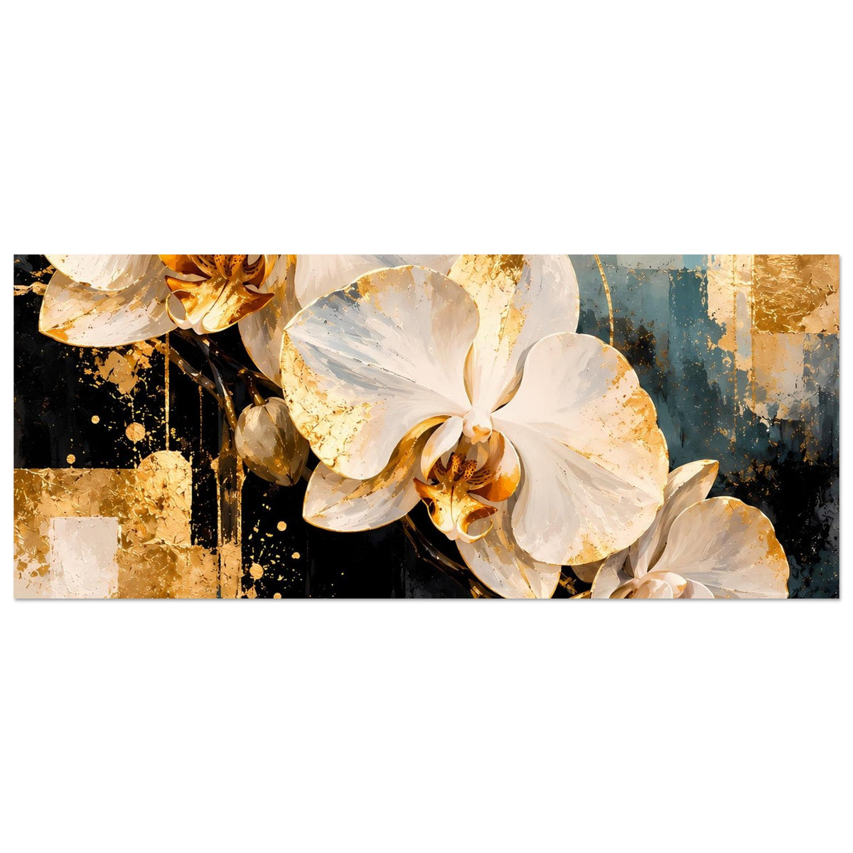 Horizontales Poster: weiße Orchideenblüten mit goldenen Akzenten