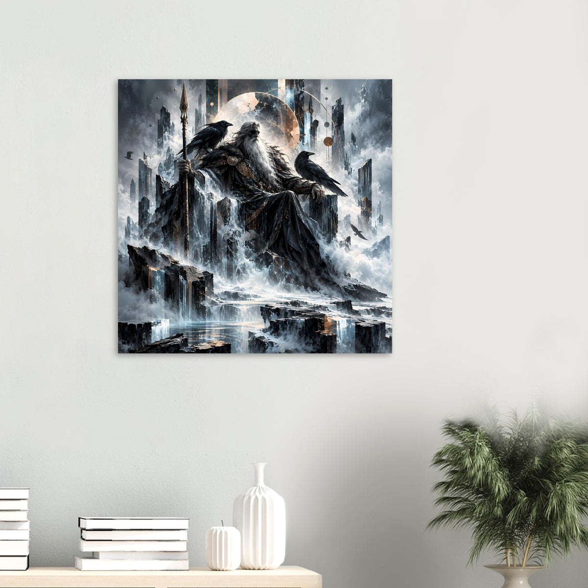 Mythologie-Poster mit nordischem Gott auf Thron, Raben und Wasserfall, kleinformatige Ansicht