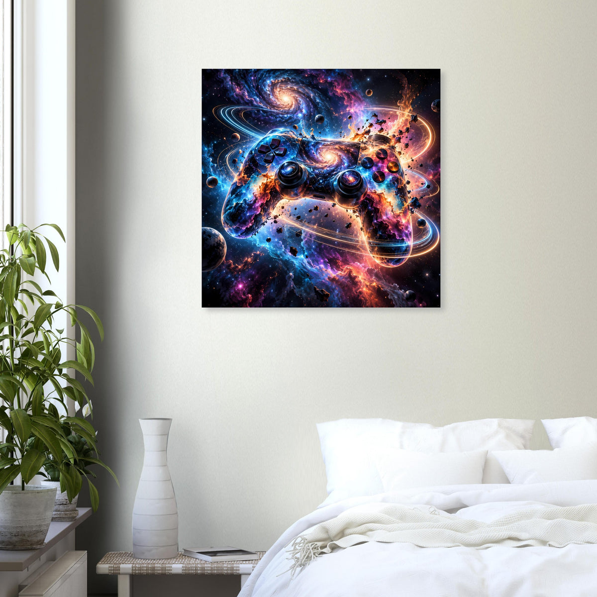 Quadratisches Wandposter mit Weltraum-Design: Gaming-Controller zwischen Sternen und Nebeln