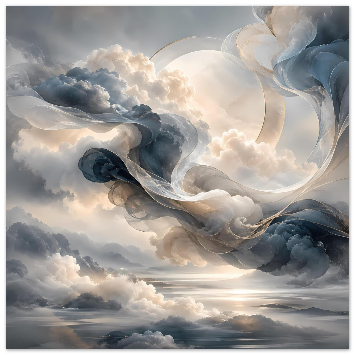 Abstraktes Himmelsposter mit gewellten Wolken, Blau- und Beigetönen, Querformat
