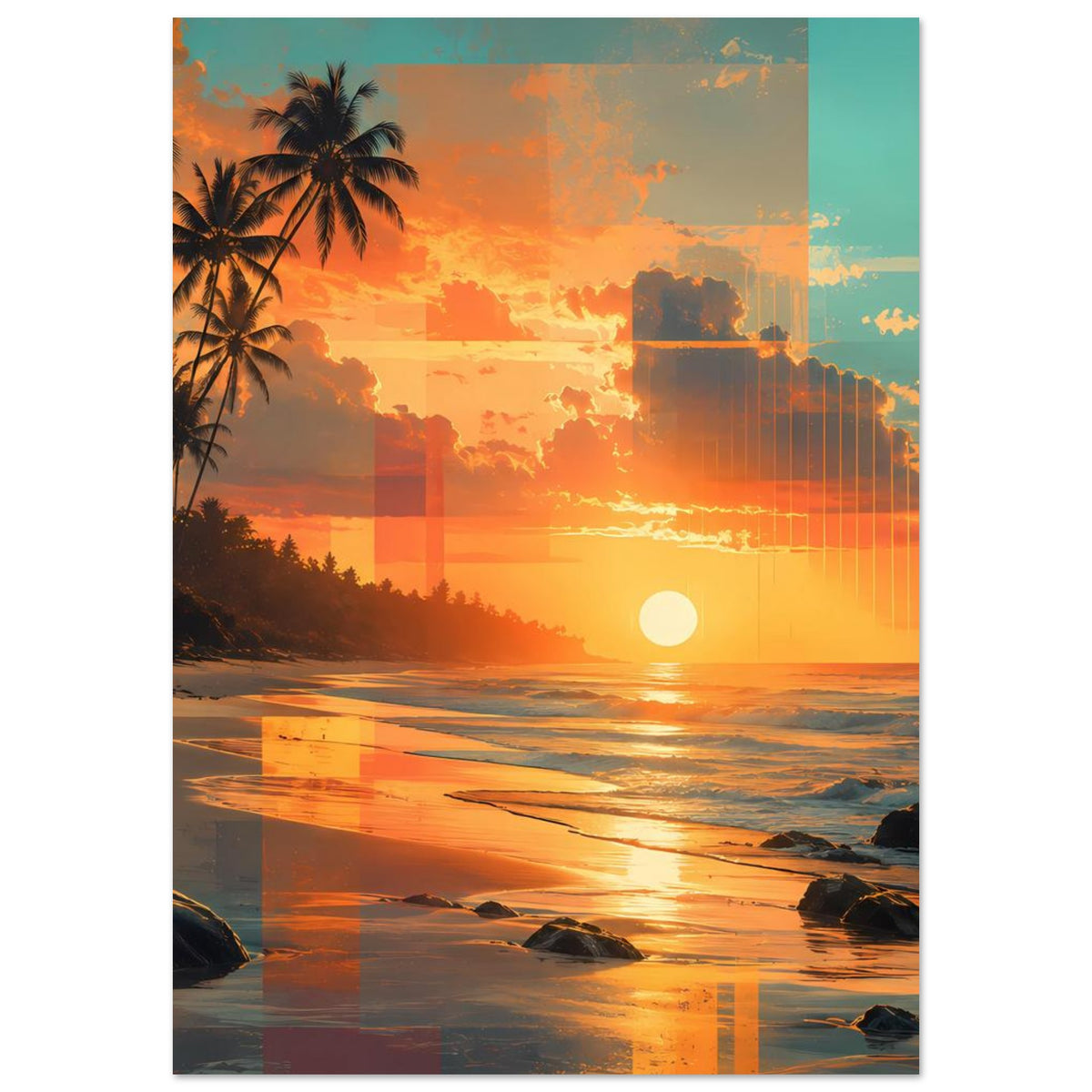 Strandposter im Hochformat mit Palmen, warmem Sonnenuntergang und Strandlinie am Wasser