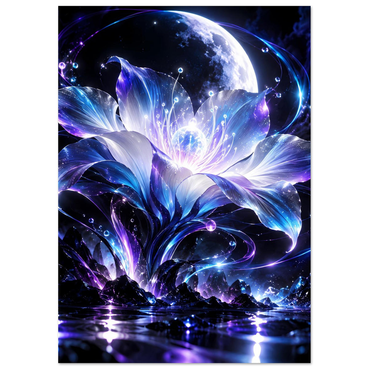 Hochformatiges Poster mit leuchtender Blüte, Mond, funkelnden Punkten und blauen Flammen