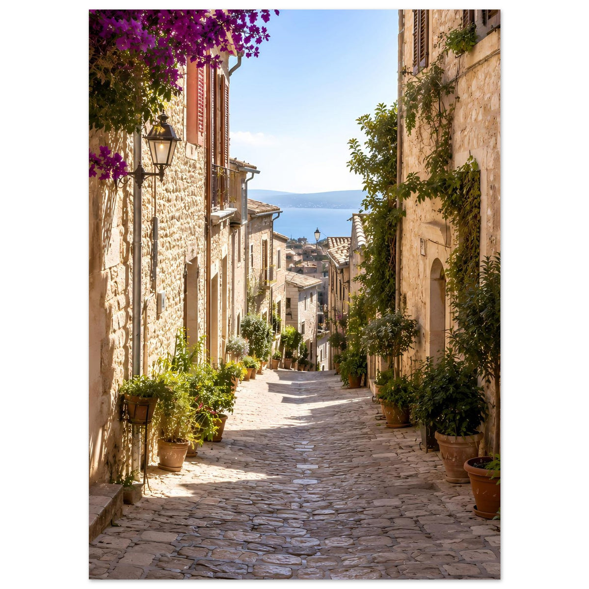 Fotoposter einer mediterranen Straße mit Steinhäusern, Kopfsteinpflaster, Kletterpflanzen und Töpfen