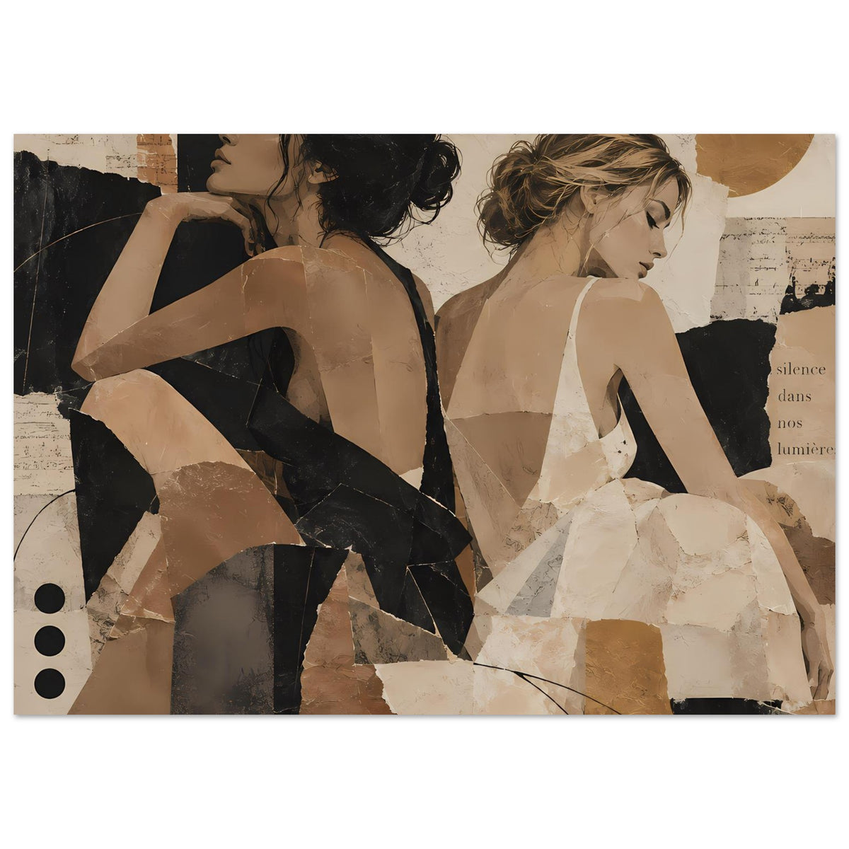 Horizontales Collage-Poster, Frauen-Duo mit schwarzen Haaren und hellen Tonflächen