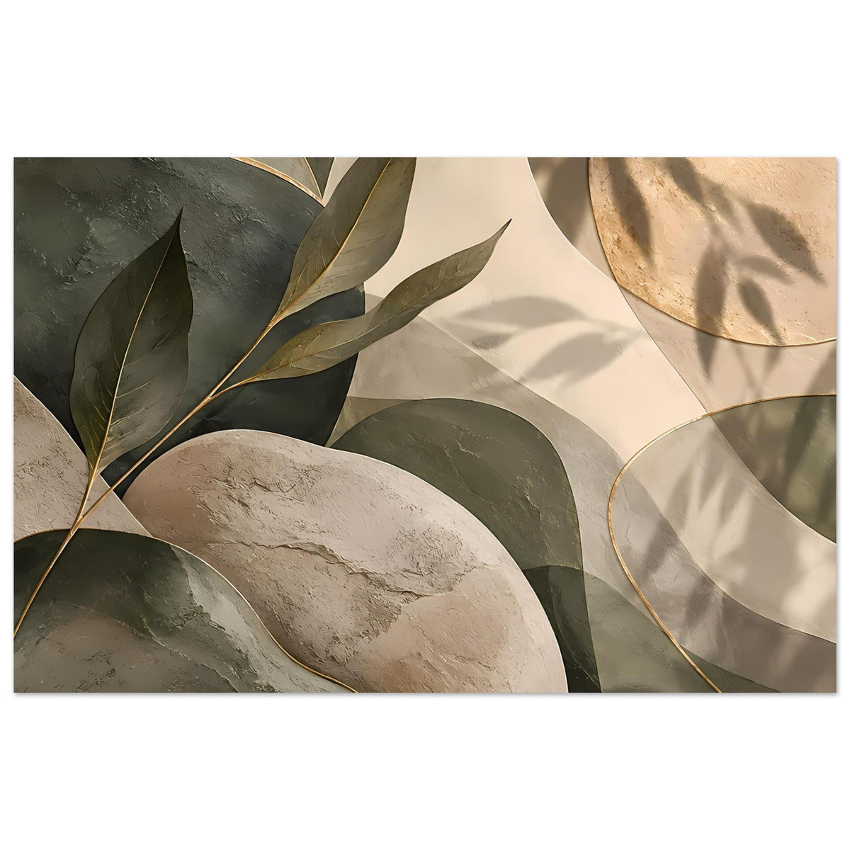 Abstraktes Poster mit Blättern, Naturtönen und goldenen Linien auf cremefarbenem Hintergrund