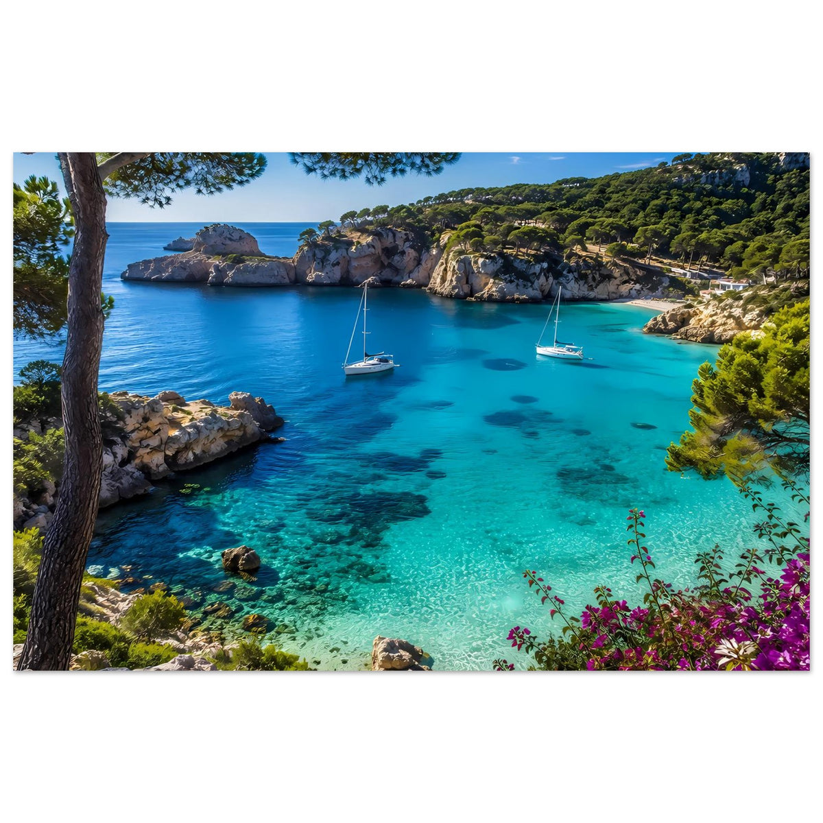 Mediterranes Küstenposter im Querformat: türkisfarbenes Wasser, Segelboote, lila Blüten
