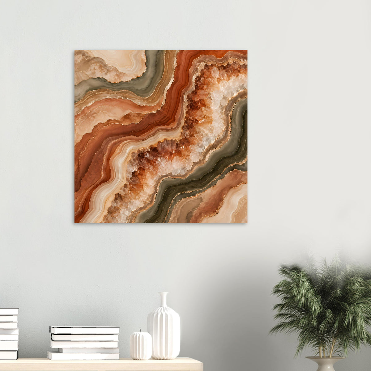 Kleines quadratisches Poster mit geodenartigem Braun-Beige-Muster und orangenen Adern