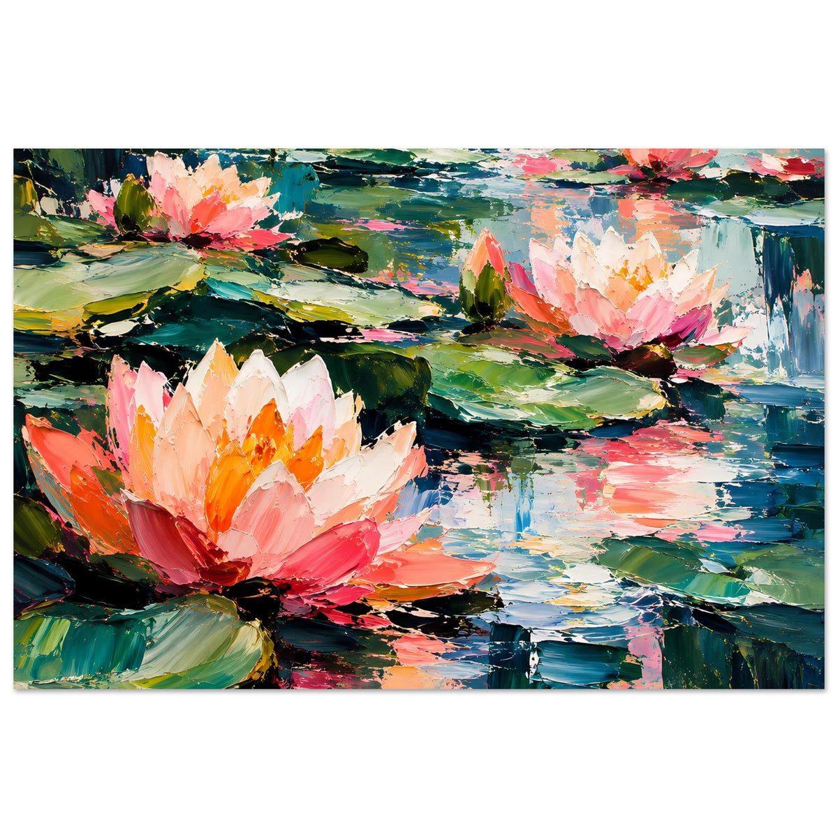 Seerosen-Poster im Querformat mit üppigen rosa Blüten, grünen Blättern und farbigen Reflexen