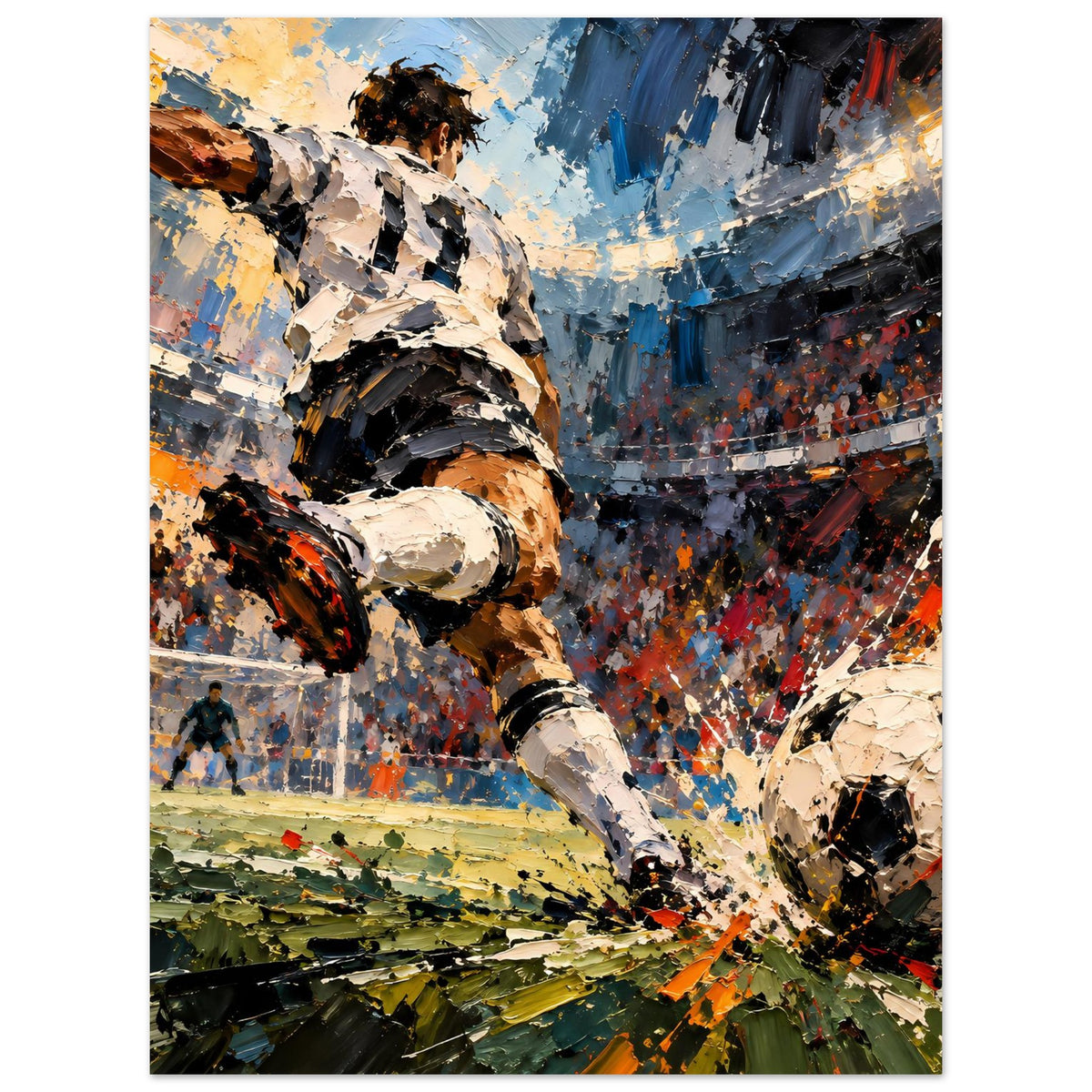 Fußball-Actionposter (Hochformat): Torwart trifft den Ball, dynamische Pinseloptik, farbig