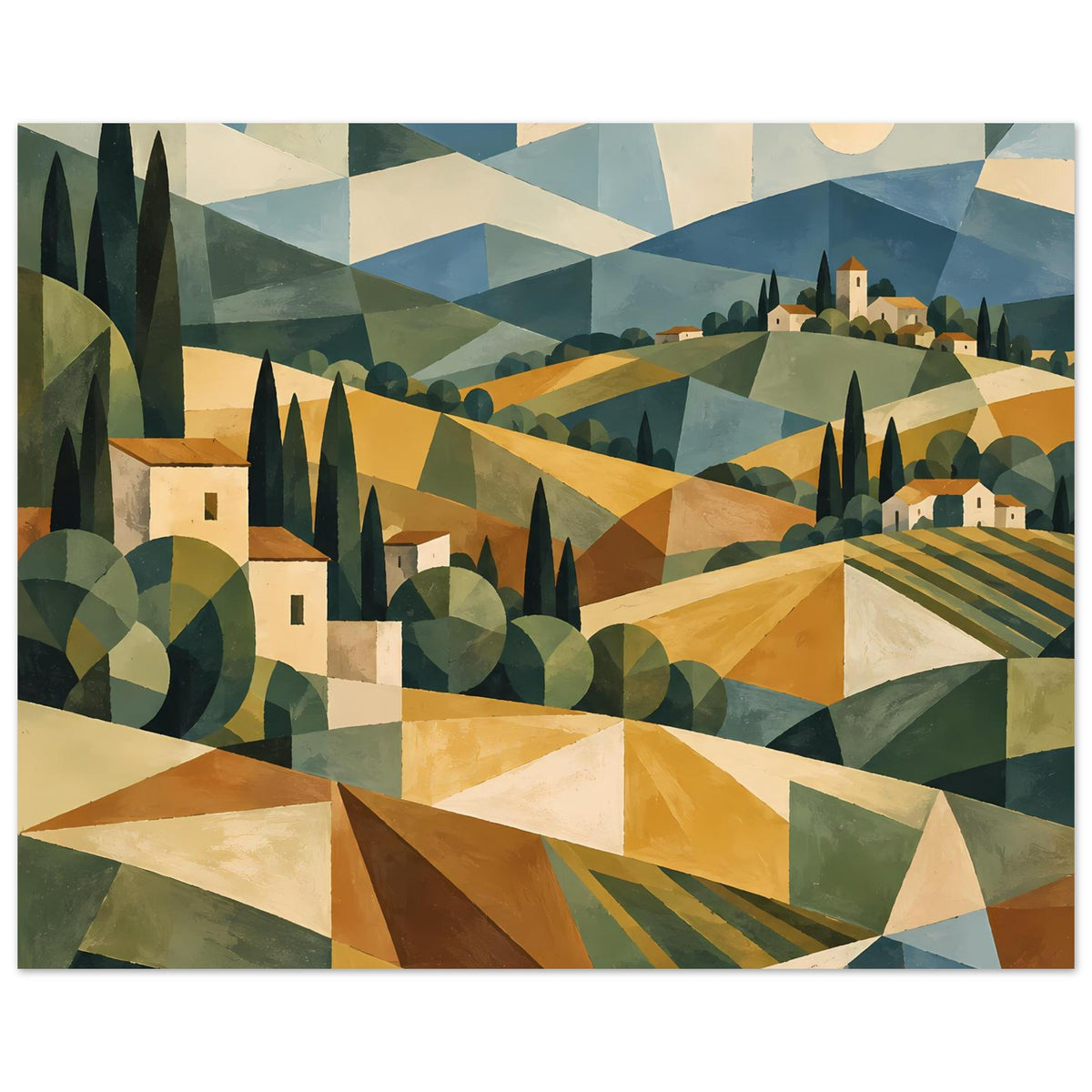 Geometrisches Poster mit Toskana-Landschaft: Hügel, Zypressen, Häuser und warmen Erdfarben.