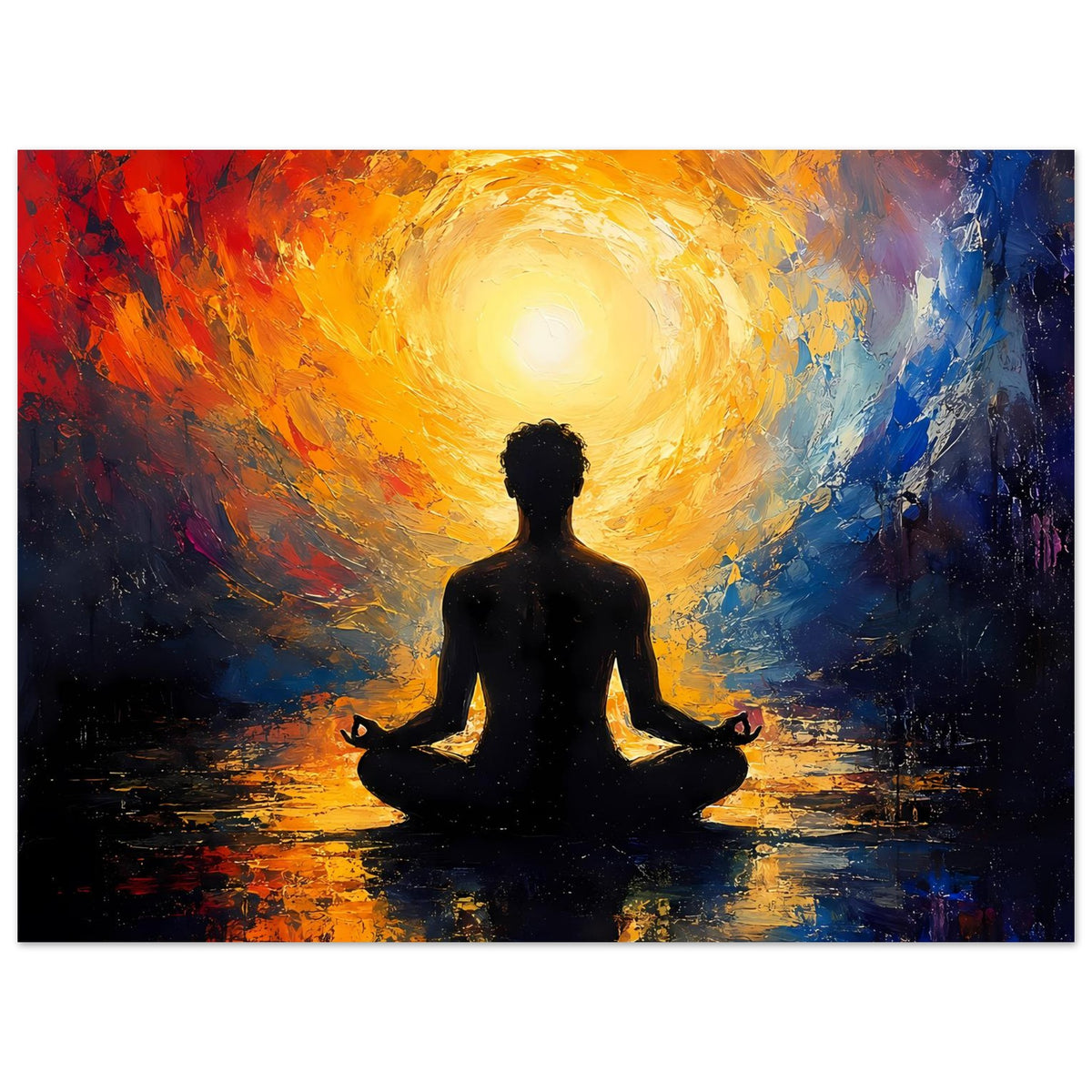 Zen-Poster mit Meditationssilhouette und hellem gelb-orangem Leuchten hinter der Figur