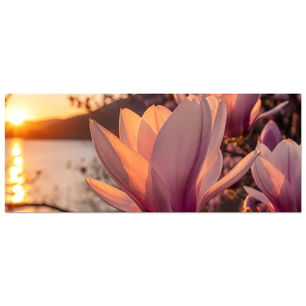 Horizontales Magnolienblüten-Poster mit rosa-orange Blüten an Zweigen